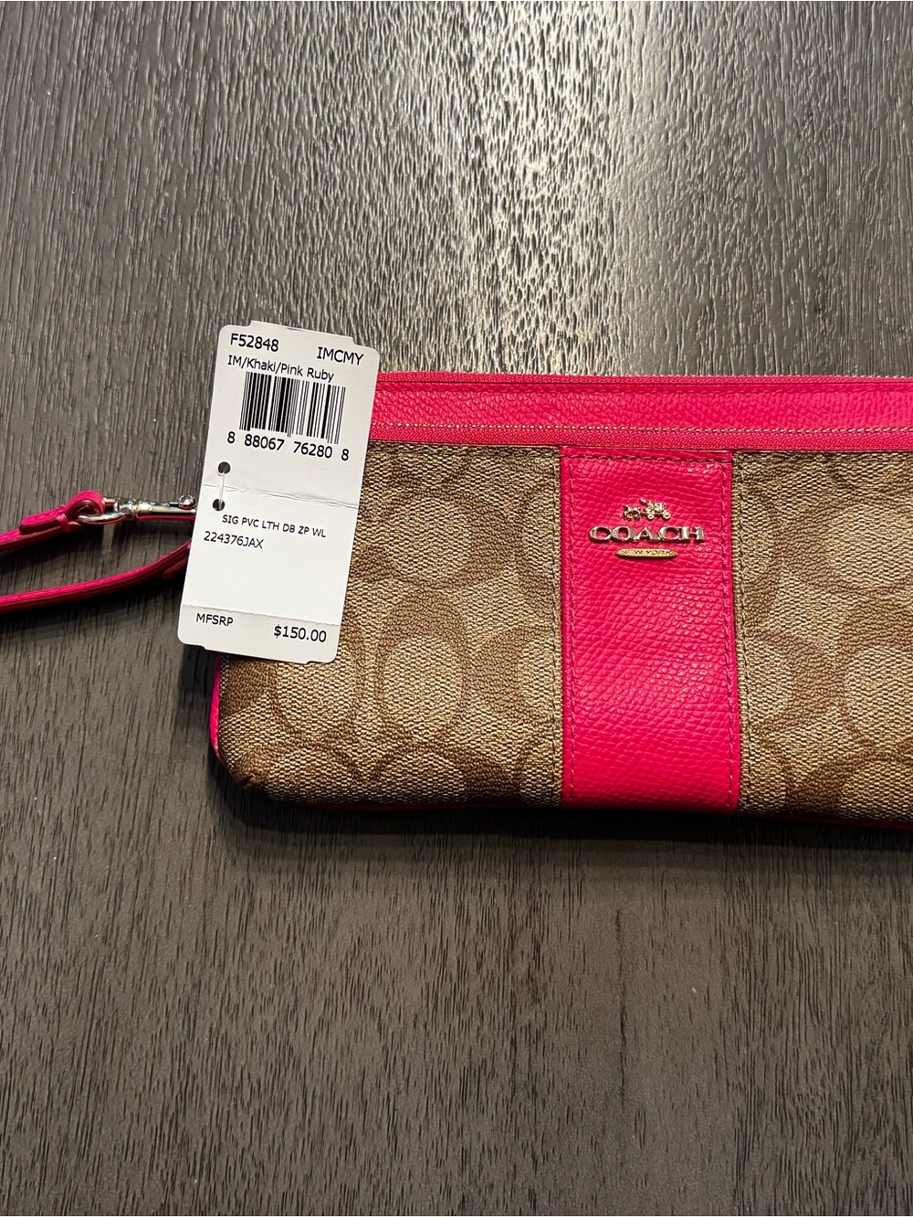 Coach Pink Trim Khaki Signature Wristlet NWT